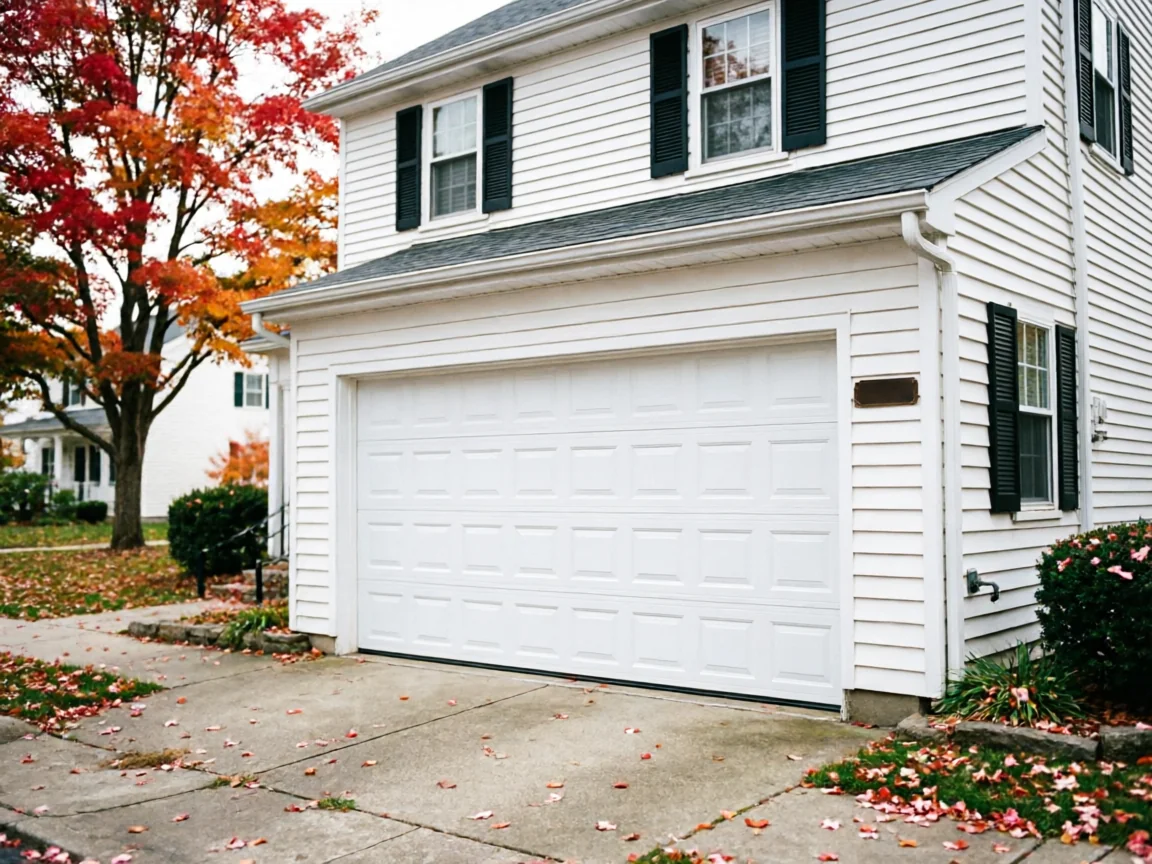 A white paneled garage door is on a white house with black shutters.