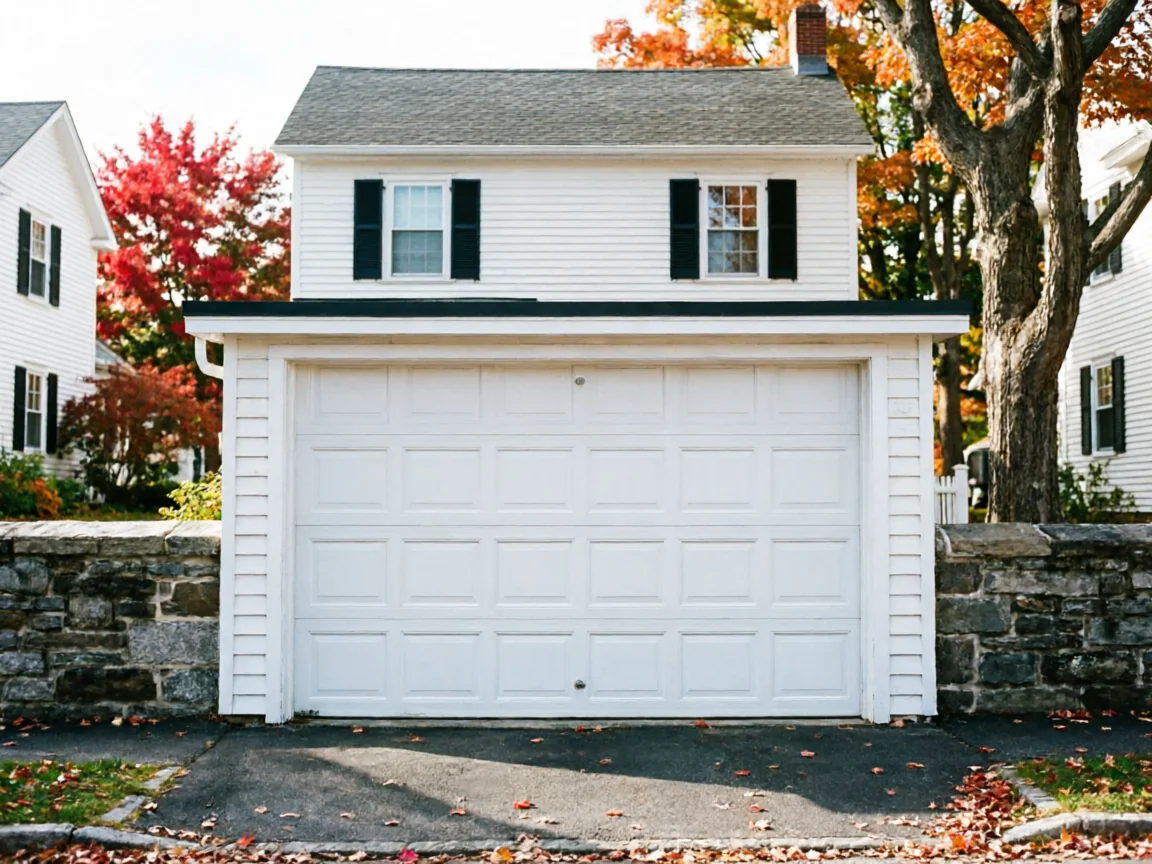 A white garage door on a white house with autumn trees in the background.