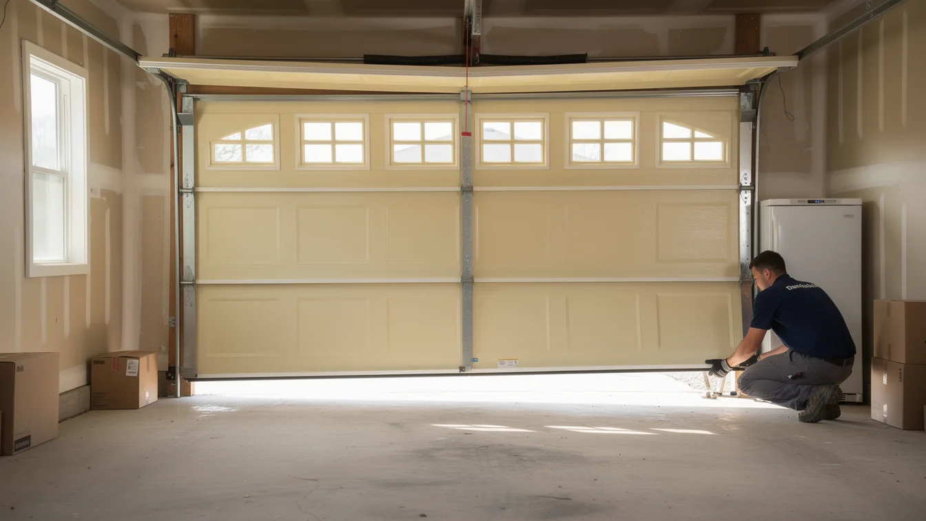 A technician in a blue shirt works on a beige garage door.