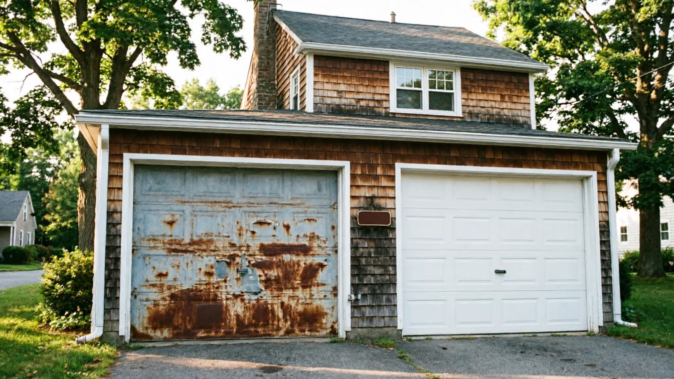 The garage has one rusty old door and one new white door.