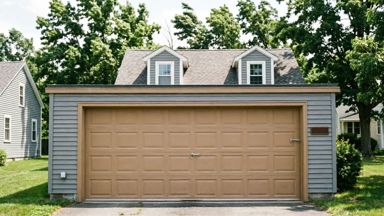 A brown garage door is on a gray garage with two dormers.